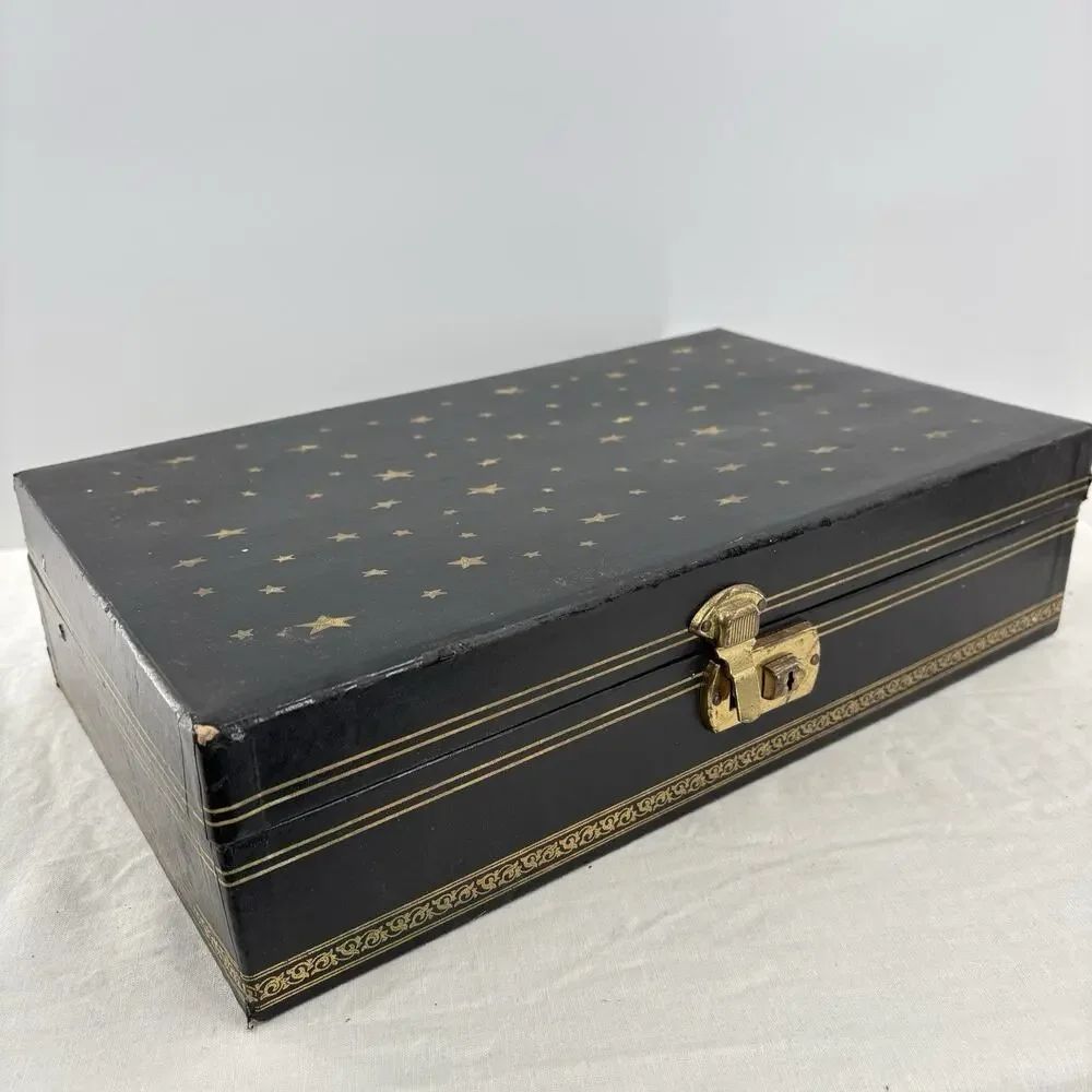 Vtg 2 Tier Jewelry Box Black Leathette Gold Stars Celestial 14x8.5
